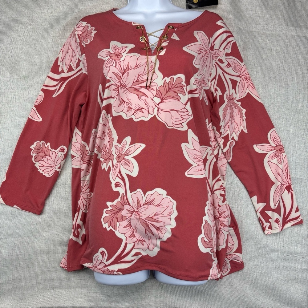 JM Collection Women's 3/4 Sleeve Printed Lace-Up Tunic Top Size L